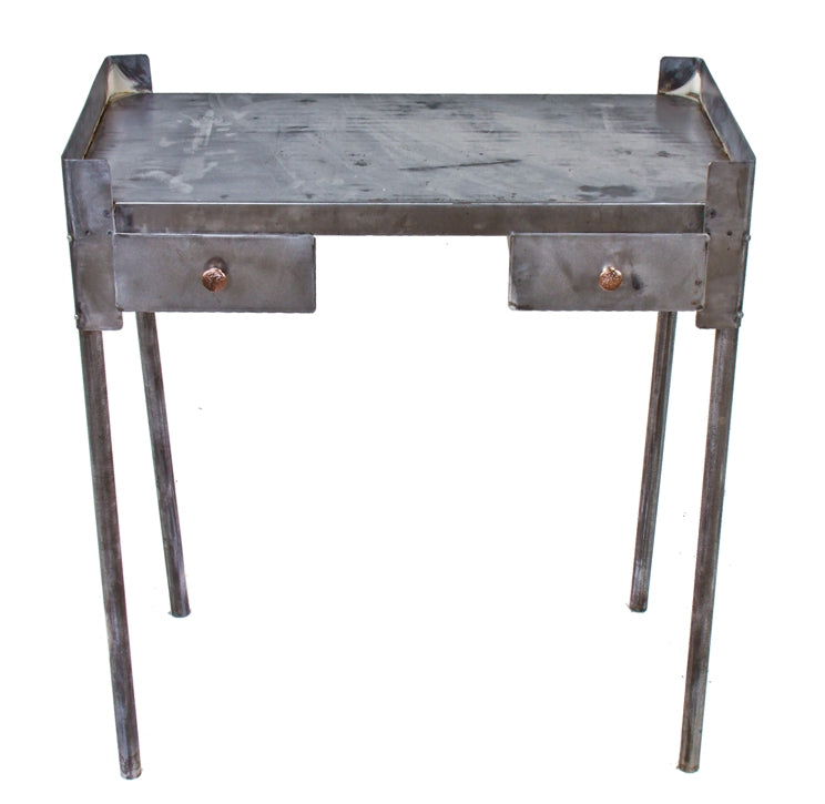 c. 1930's chicago area american medical hospital stationary four-legged cold-rolled steel work station with tubular steel legs and opposed drawers with knob pulls