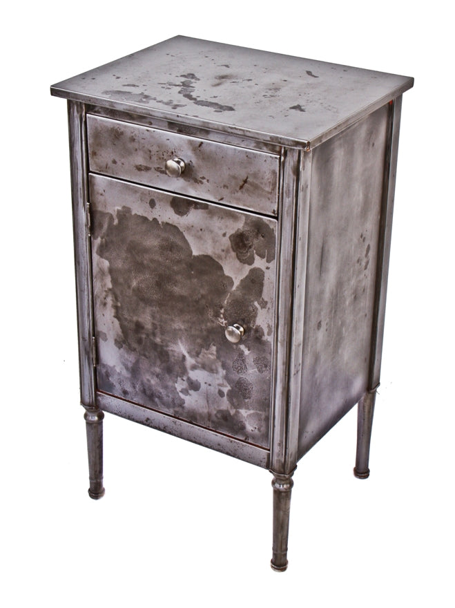 original pressed and folded american industrial refinished steel "simmons" side table and/or cabinet with tapered and turned legs and original knob pulls