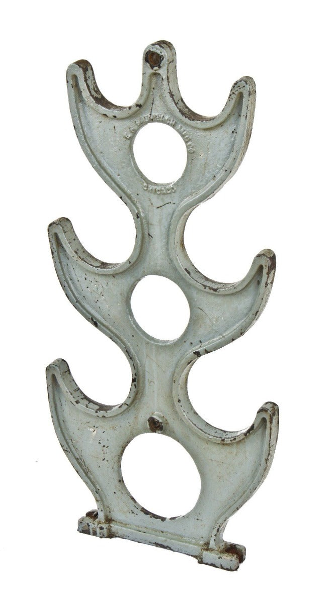 early 20th century salvaged chicago three-tier cast iron freestanding factory pipe "bambach" storage rack