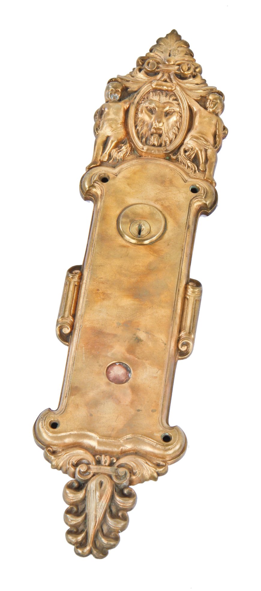 original massive late 19th or early 20th century antique american cast bronze exterior residential doorknob backplate with lion head and flanking cherubs