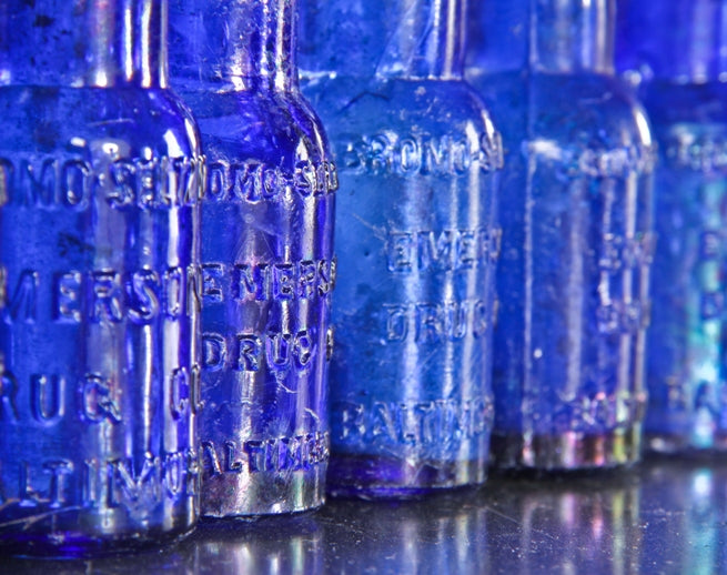 six matching original 19th century antique american medical chicago privy dug richly colored cobalt blue squat neck bromo-seltzer glass bottles with embossed lettering