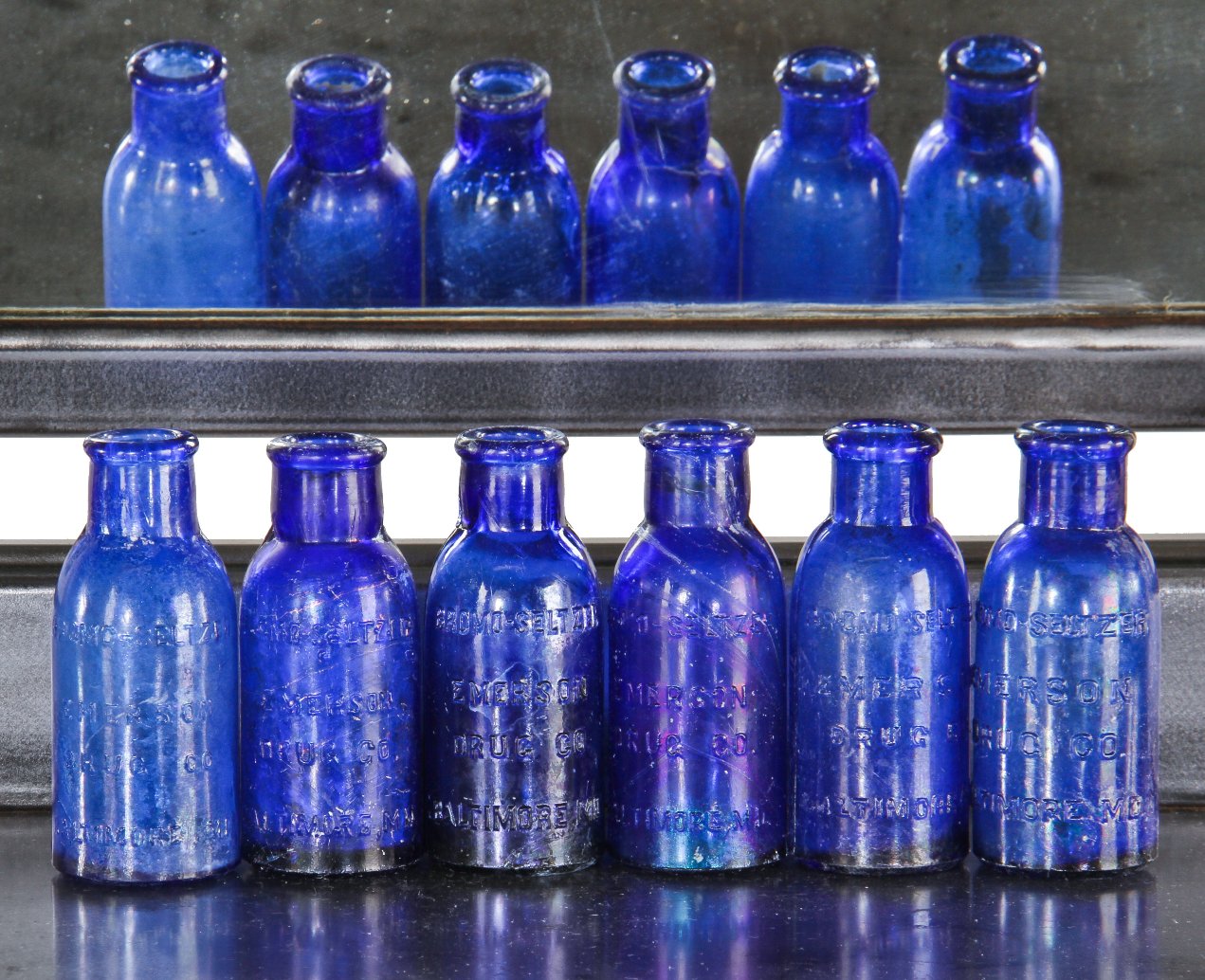 six matching original 19th century antique american medical chicago privy dug richly colored cobalt blue squat neck bromo-seltzer glass bottles with embossed lettering