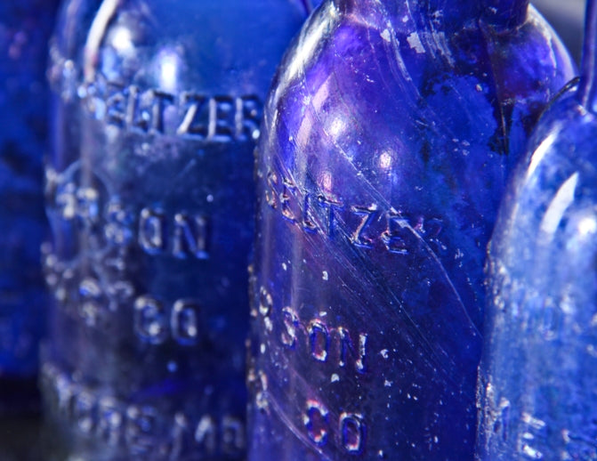 six matching original 19th century antique american medical chicago privy dug richly colored cobalt blue squat neck bromo-seltzer glass bottles with embossed lettering