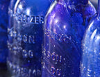 six matching original 19th century antique american medical chicago privy dug richly colored cobalt blue squat neck bromo-seltzer glass bottles with embossed lettering