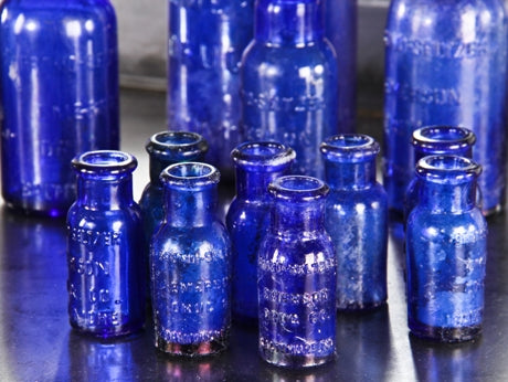 eight original early 1890's mouth-blown diminutive privy dug cobalt blue glass cork stoppered bromo-seltzer medicinal bottles with rolled or "bead finish" lips