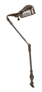 fully adjustable c. 1940's american industrial triple-jointed brushed and sealed tubular steel versatile "localite" machine shop task lamp with "slim helmet" reflector
