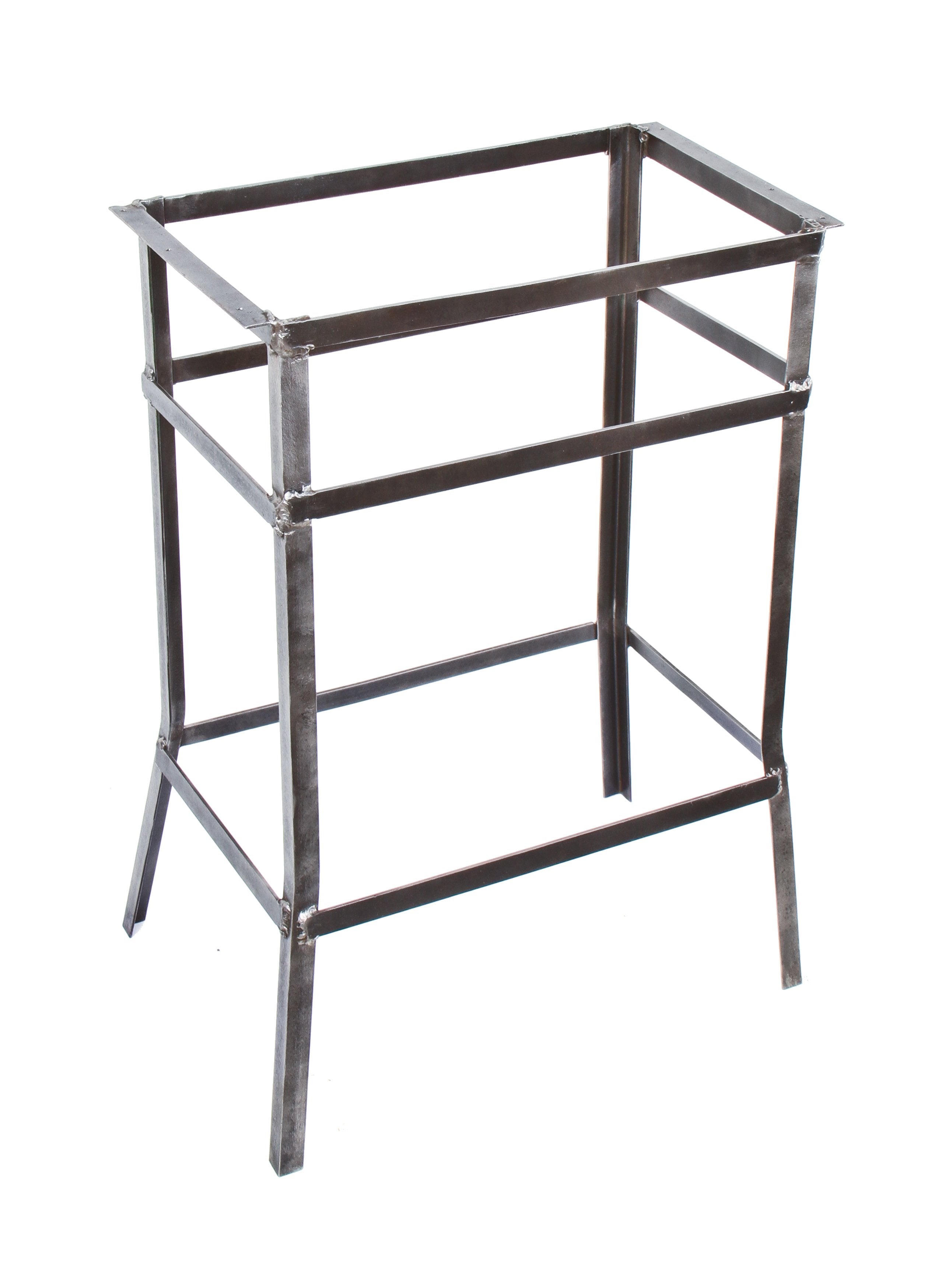 c. 1930's original american antique industrial custom-built or heavily modified all welded joint angled iron factory machine shop work stand or base with brushed metal finish
