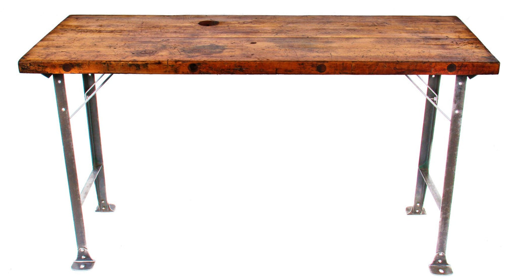 refinished c. 1930's american antique industrial solid maple wood top factory machine shop workbench with riveted joint angled steel bases or legs with flared feet