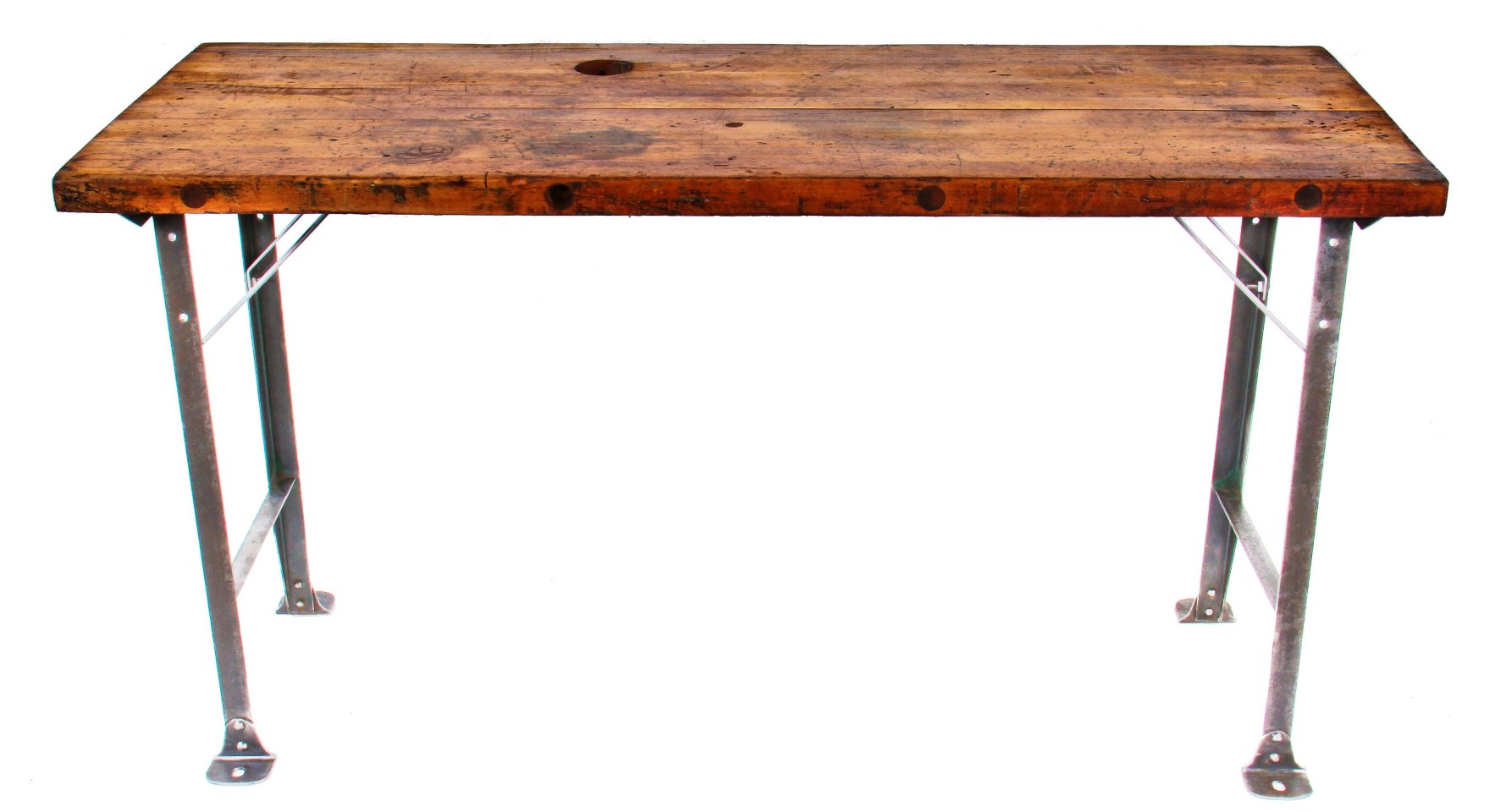 refinished c. 1930's american antique industrial solid maple wood top factory machine shop workbench with riveted joint angled steel bases or legs with flared feet
