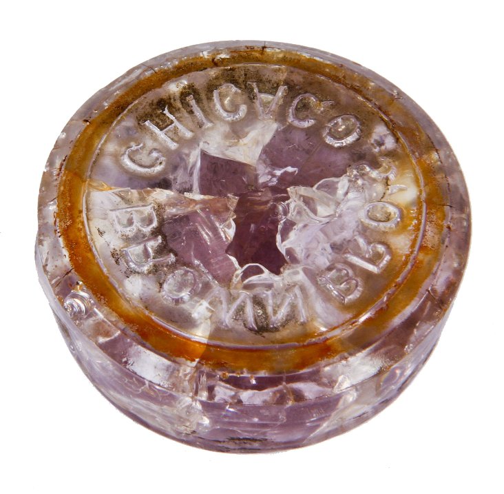 group of five matching original and completely intact all original "brown brothers" 19th century sidewalk vault light sun-purple glass lenses or insets