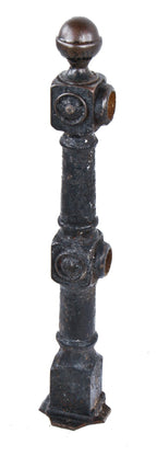 single original and largely intact c. 19th century antique american ornamental black enameled cast iron exterior residential staircase newel post with ball finial