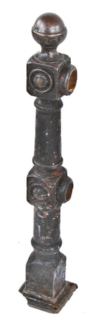 largely intact c. 1880's original antique american ornamental cast iron exterior staircase newel post accentuated with embossed rondels and a ball finial