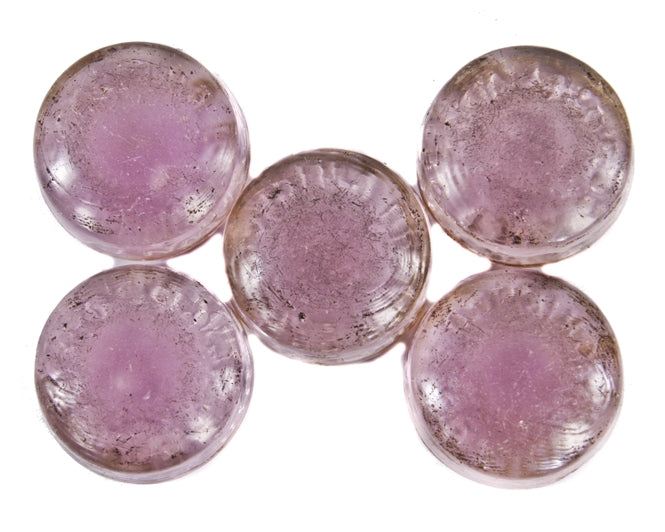 group of five matching original and completely intact all original "brown brothers" 19th century sidewalk vault light sun-purple glass lenses or insets