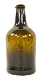 very rare and all original antique early nineteenth century free-blown and iron pontiled deep olive amber glass bottle manufactured for unknown bottler