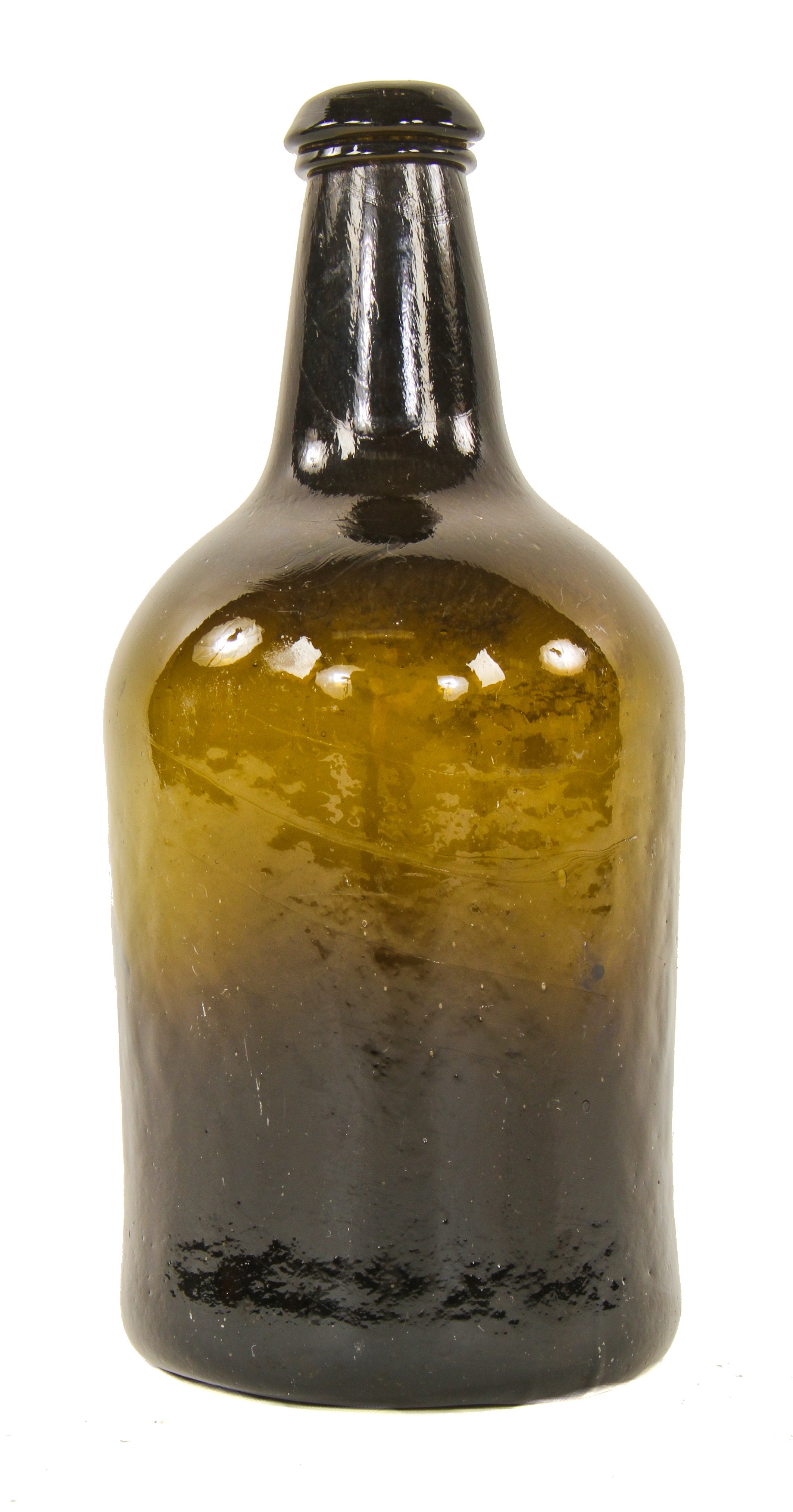 very rare and all original antique early nineteenth century free-blown and iron pontiled deep olive amber glass bottle manufactured for unknown bottler