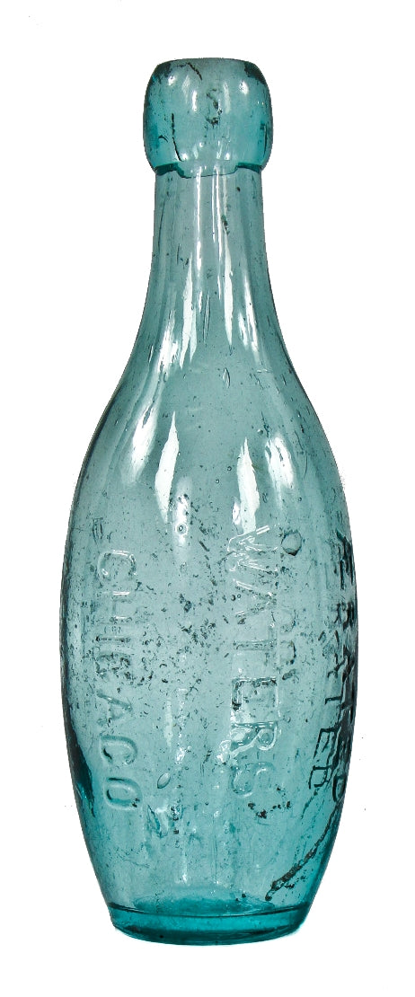 original and intact ten pin-shaped medium aqua blue blobtop soda bottle manufactured for chicago bottlers victor barothy and egbert c. cook