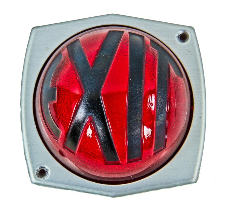 exceptional c. 1930's american art deco style machine age convex-shaped ruby red art glass illuminated wall-mount exit light with deeply incised black enameled lettering