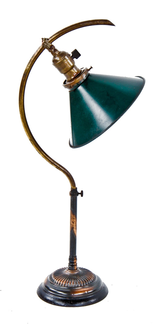 original fully functional early 20th century rewired adjustable height or telescoping "c-arm" faries table or desk lamp with intact oxidized copper finish
