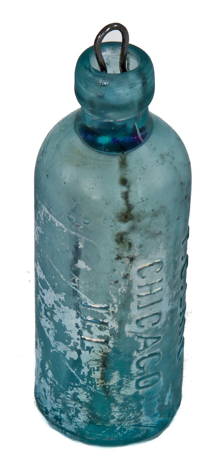 assortment of original late 19th century 1880's antique american privy dug blue and green aqua "blobtop" hutchinson type chicago soda or mineral water bottles