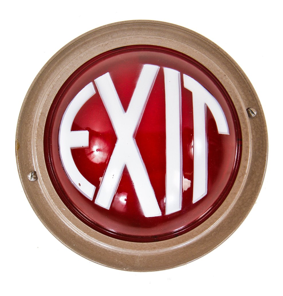 all original remarkable machine age late 1920's fully functional ruby red glass illuminated theater wall-mount exit light with baked-on white lettering
