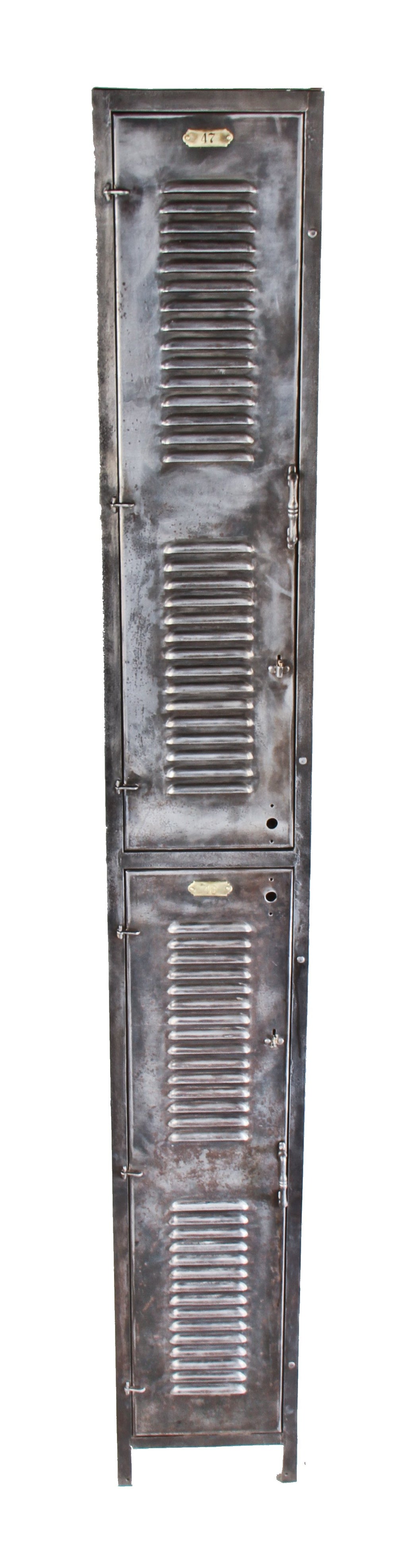 early 20th century hard to find tall and narrow original freestanding interior factory lunchroom pressed and folded riveted joint steel locker with fanciful handles