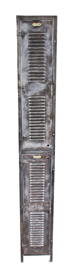 early 20th century hard to find tall and narrow original freestanding interior factory lunchroom pressed and folded riveted joint steel locker with fanciful handles