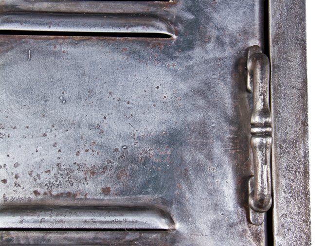 early 20th century hard to find tall and narrow original freestanding interior factory lunchroom pressed and folded riveted joint steel locker with fanciful handles