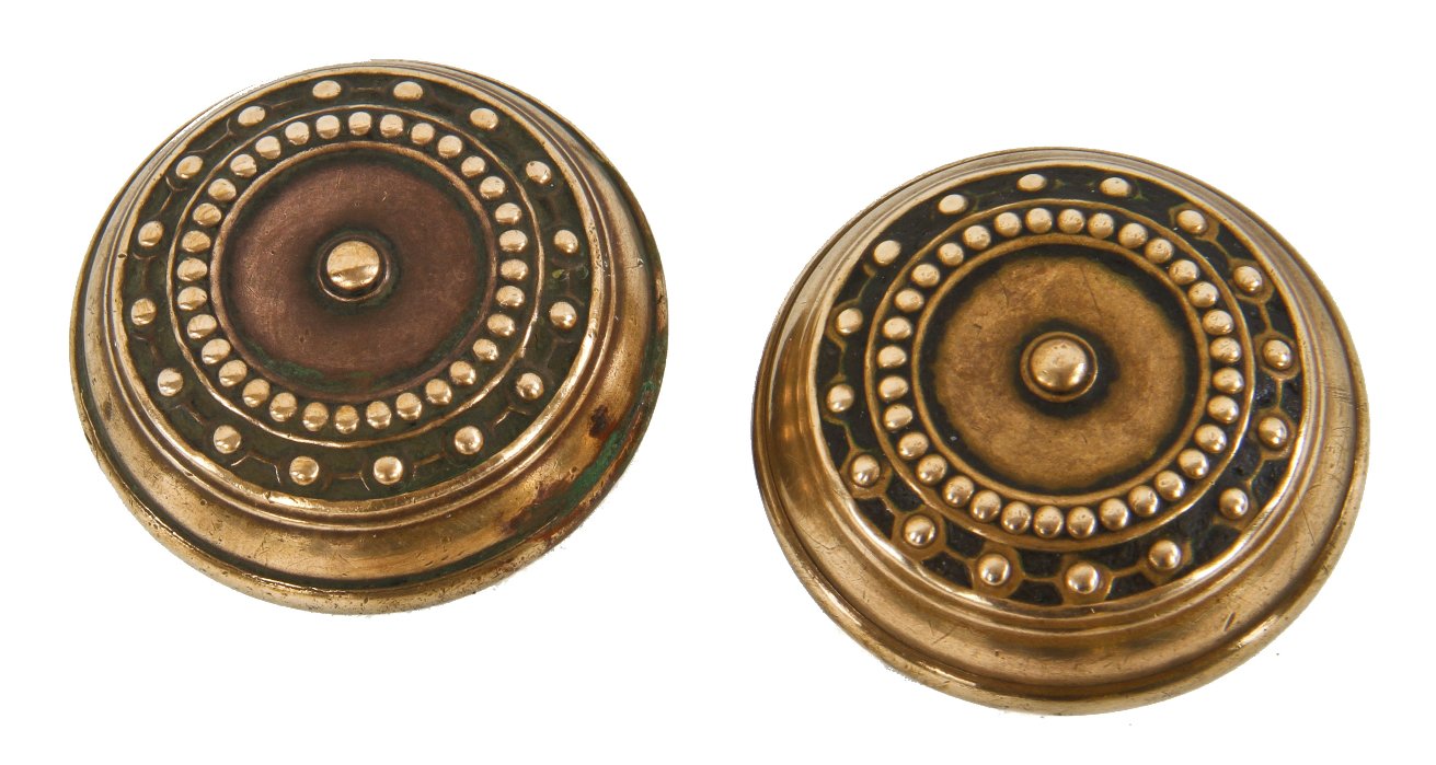 original c. 1900's matching antique american "como" pattern interior residential wrought ornamental brass banded rim doorknobs with beaded borders