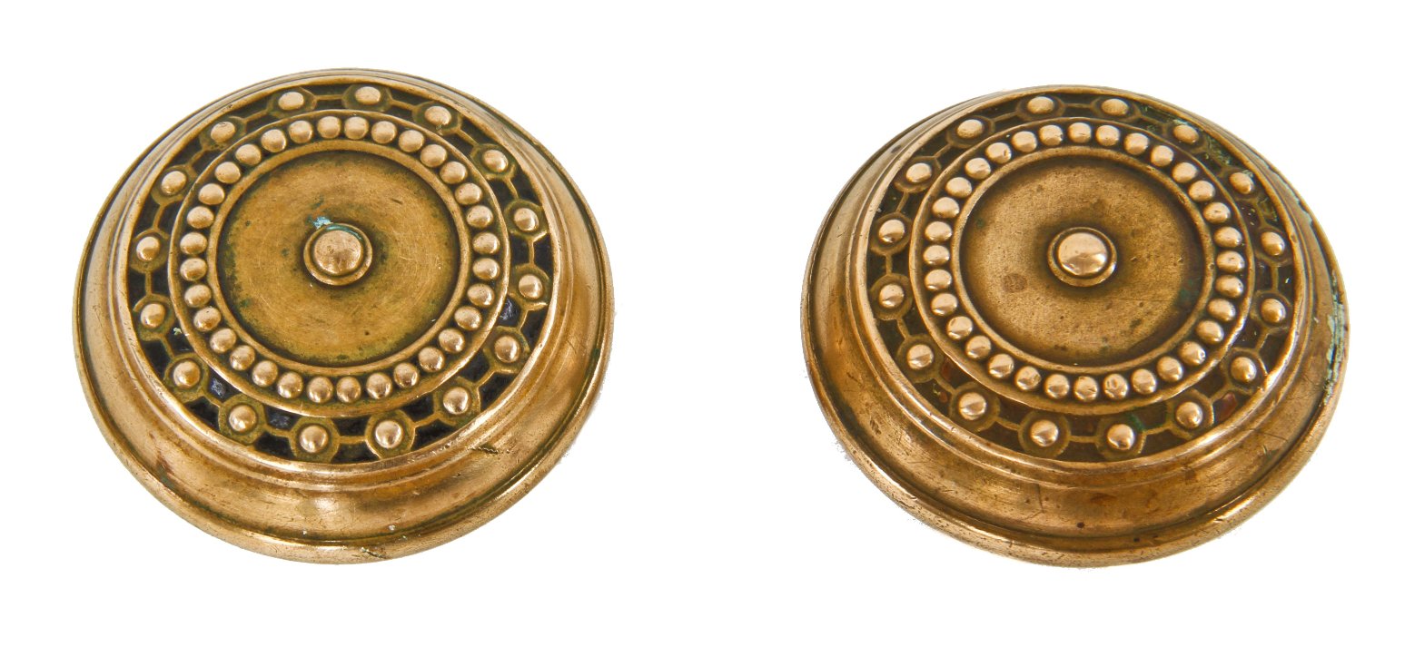 two matching original turn of the century antique american wrought ornamental brass "como" pattern interior doorknobs with beaded borders