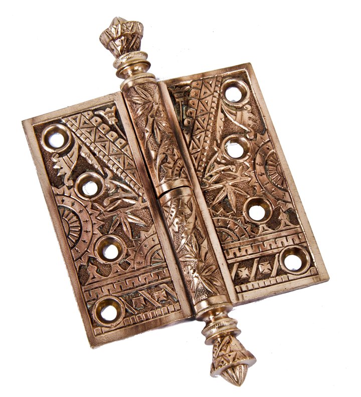 single 19th century original fully functional ornamental cast brass "bamboo" pattern chicago residential interior passage door hinge with knurled finials