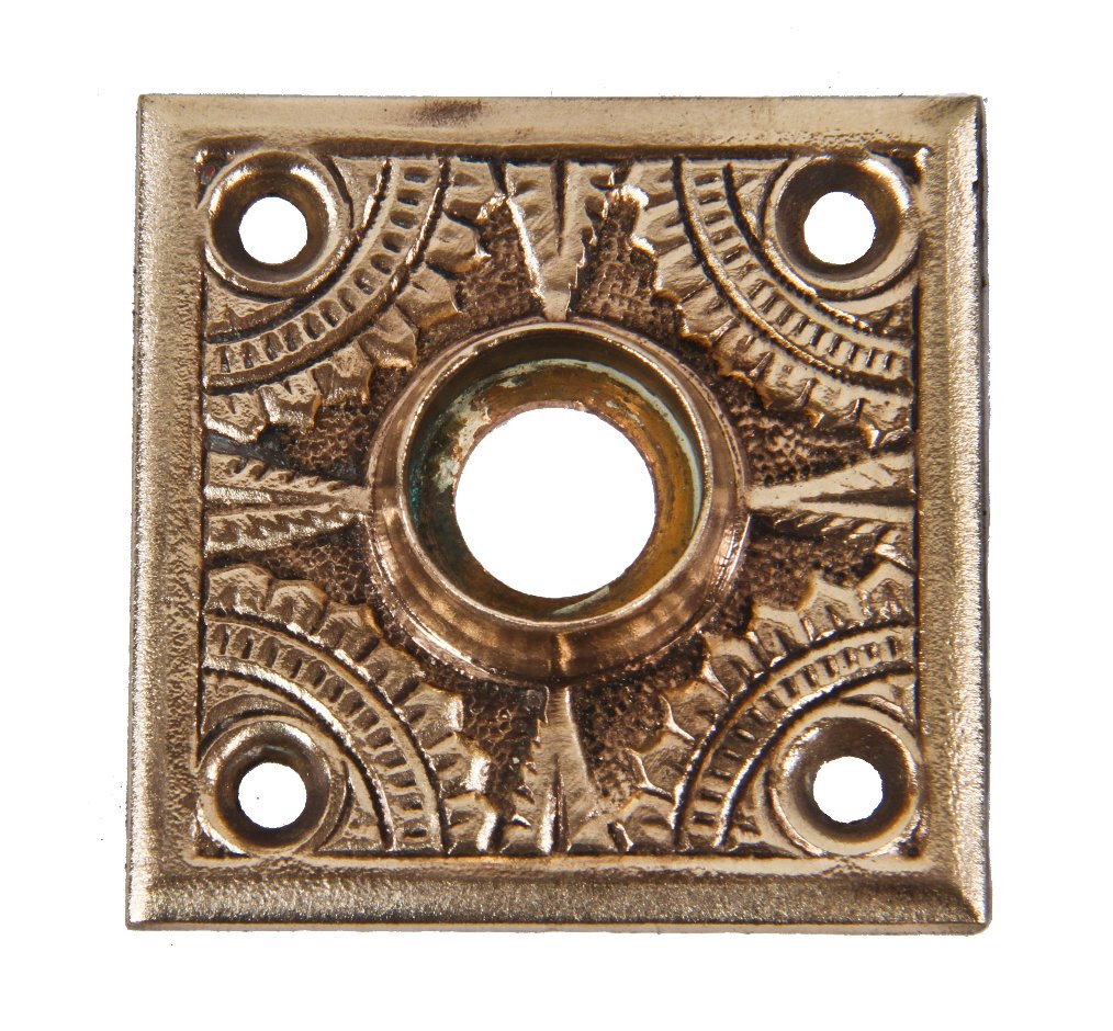 seldom found oversized square-shaped c. 1880's cast brass "oriental" pattern interior residential passage door rosette with centrally located thimble