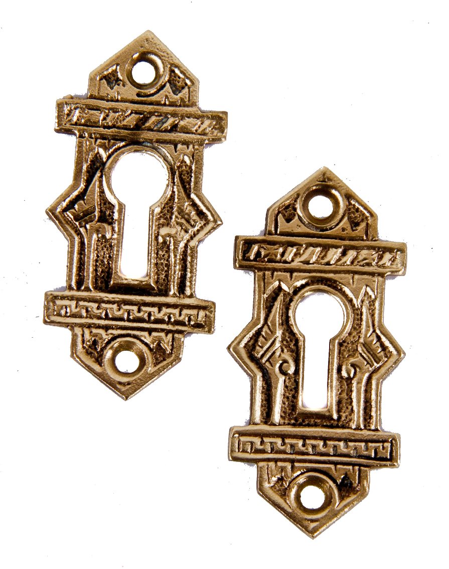 matching set of original c 1880's antique american eastlake style interior residential cast brass "oriental" pattern passage door keyhole escutchoens