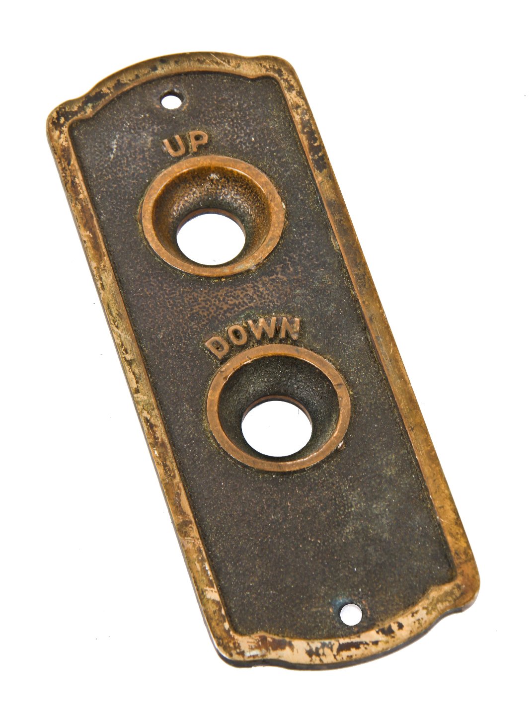 original c. 1920's american antique industrial unornamented utilitarian cast bronze "up" and "down" factory elevator cab call push button backplate