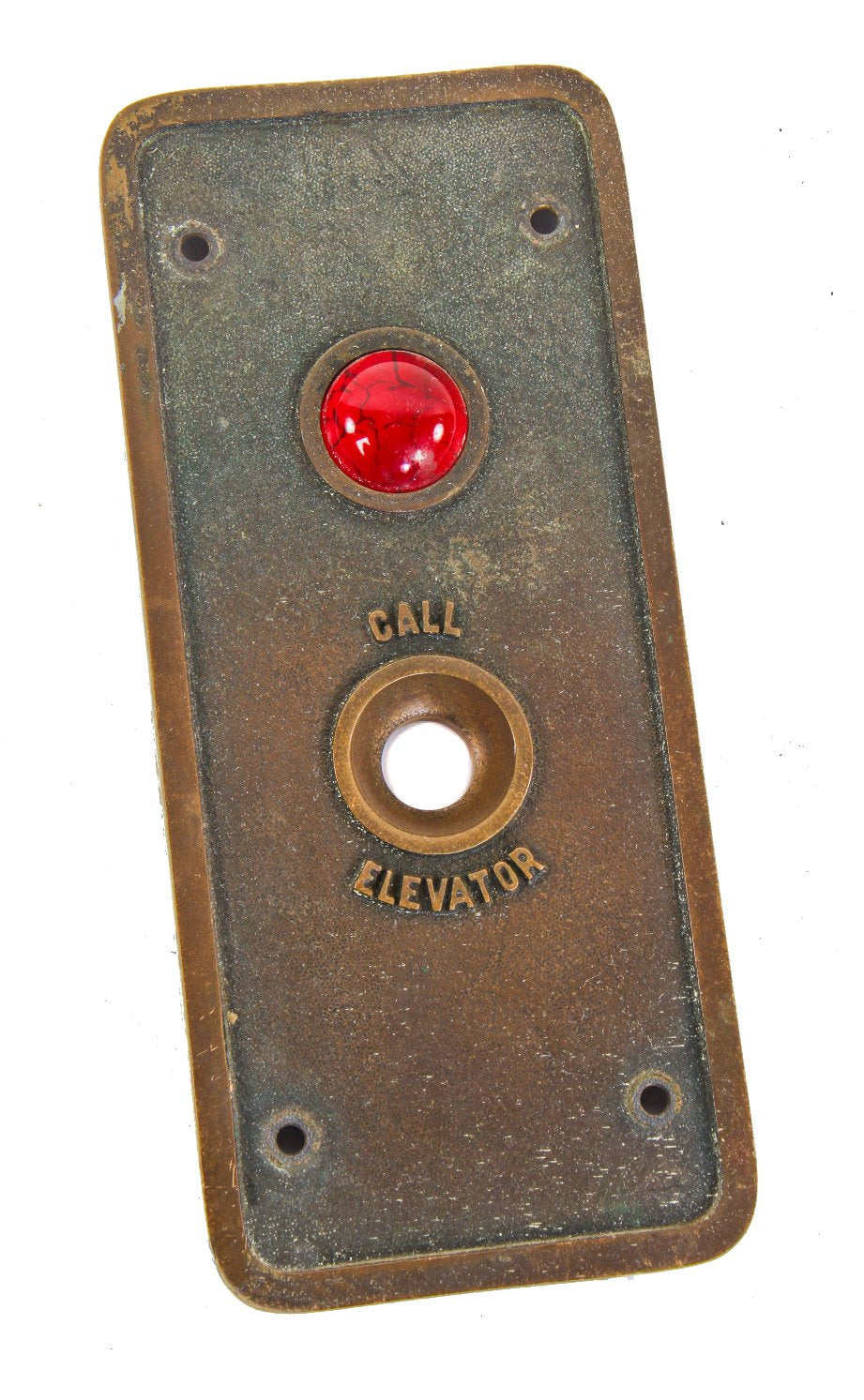 original c. 1920's antique american industrial wall-mount interior factory patinated cast bronze elevator cab "call" push button backplate with ruby red indicator light