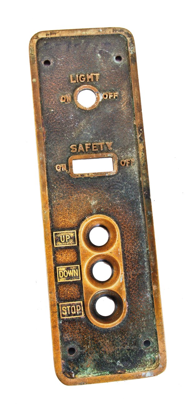 early 1920's american industrial unornamented cast bronze surface mount factory utility or cargo elevator car surface mount control plaque