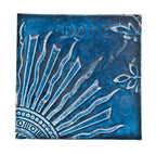 original 19th century dark blue majolica glazed antique american eastlake style "sunburst" pattern residential fireplace hearth ceramic tile with the word "done"