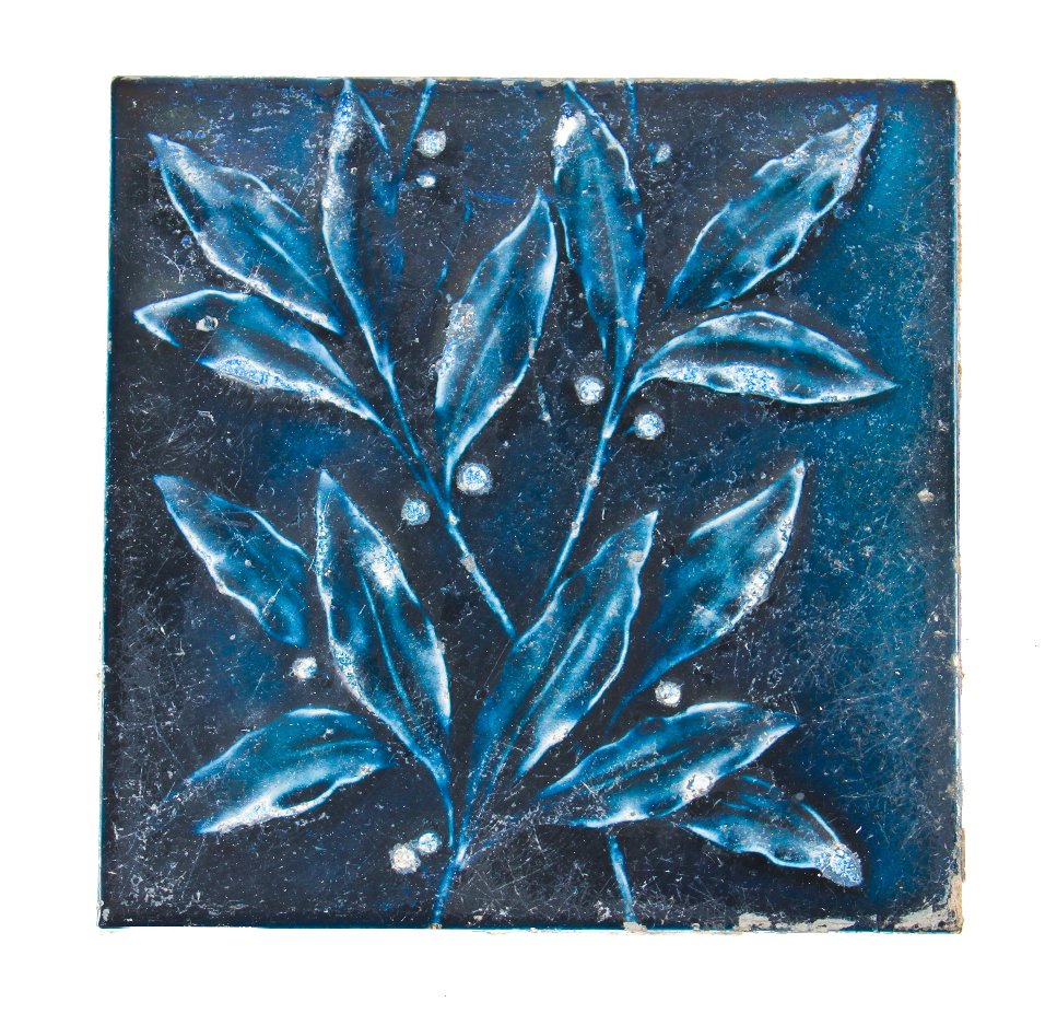 richly colored 19th century blue majolica glazed victorian era residential 6 x 6 inch fireplace hearth tile featuring delicately designed leafage and berries