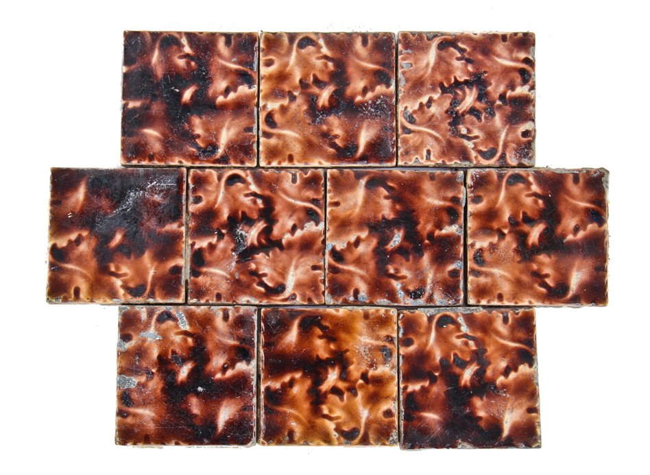lot of ten matching original antique american mottled reddish-brown 3 x 3 inch majolica fireplace hearth tiles with highly stylized leafage