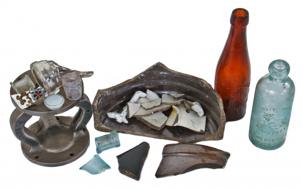 mid-1880's transferware fragments, "blob top" bottles, salt-glazed stoneware and medicinal bottle fragments