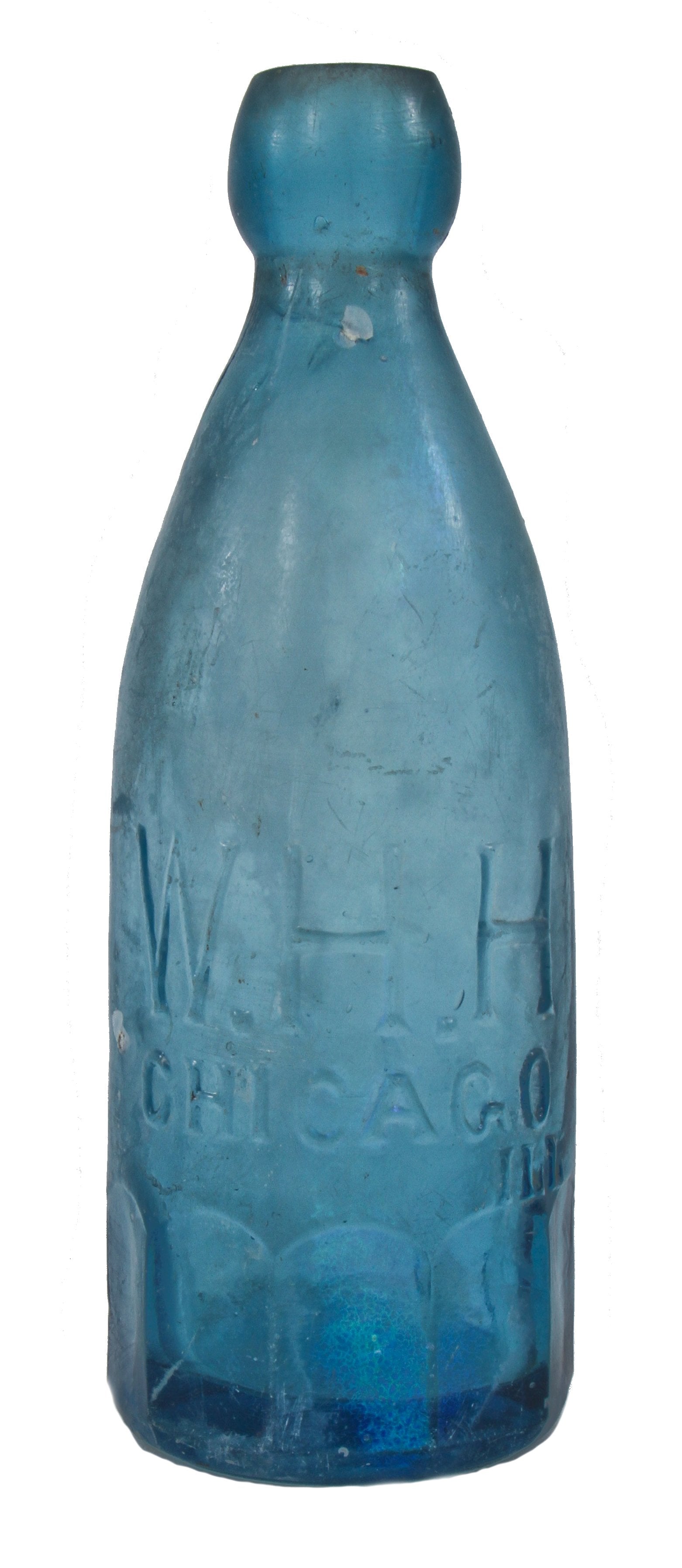 original and intact 1860's blue blobtop gravitating soda bottle with mug base manufactured for chicago bottler william henry hutchinson