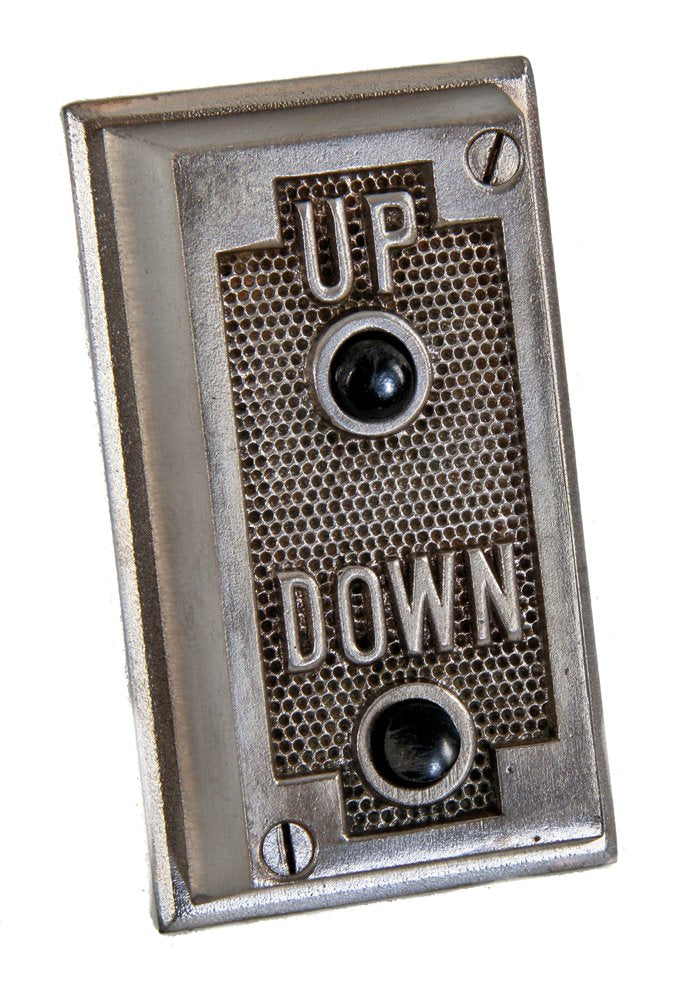 one of four matching original american antique depression era utilitarian refinished cast iron factory tower elevator "up" and down" push button call boxes
