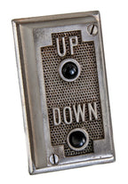 one of four matching original american antique depression era utilitarian refinished cast iron factory tower elevator "up" and down" push button call boxes