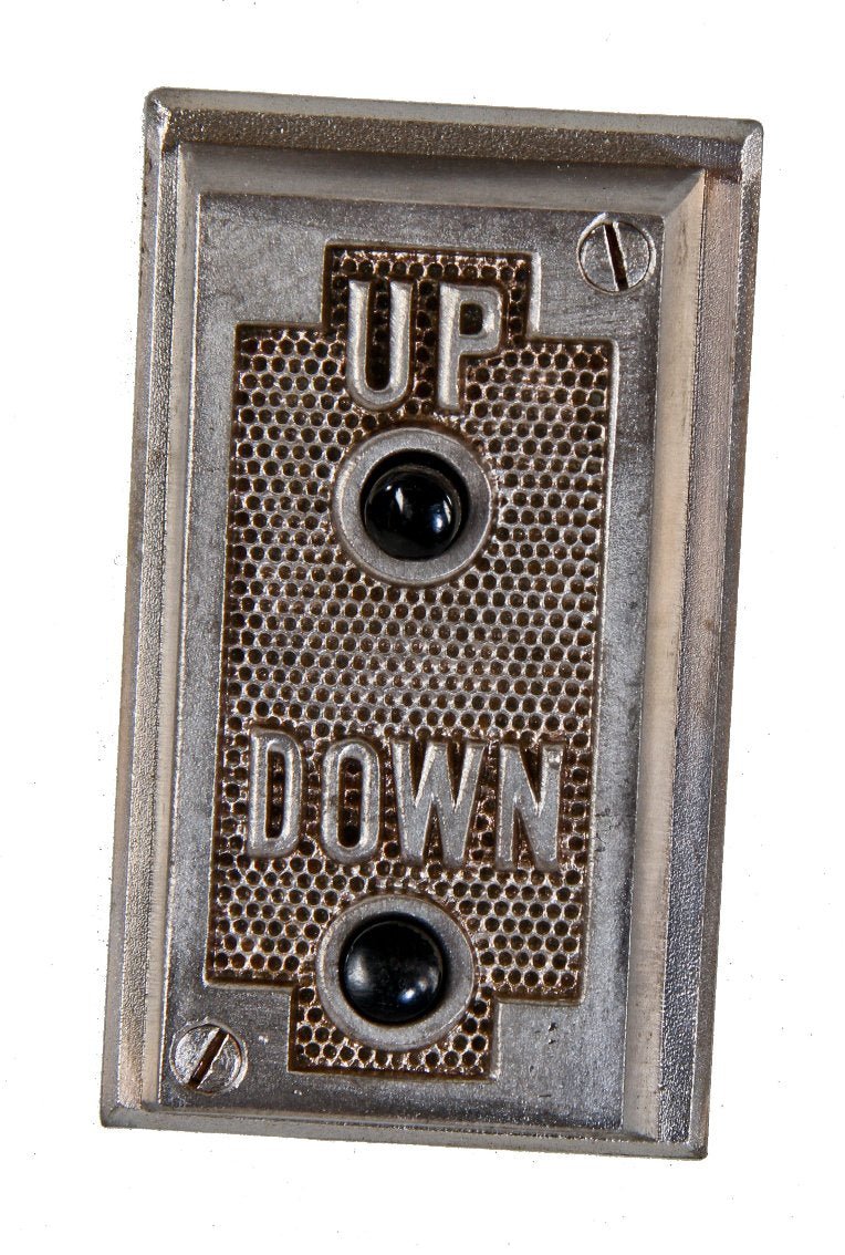 single c. 1930's depression era american antique industrial unornamented cast iron factory tower elevator push button call box with intact spring-loaded buttons