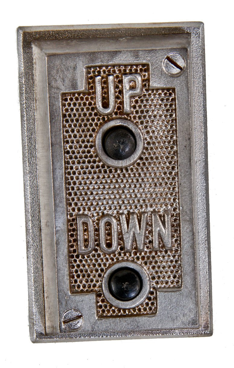 c. 1930's american antique industrial refinished cast iron kieckhefer freight elevator "up" and "down" flush mount push button call box