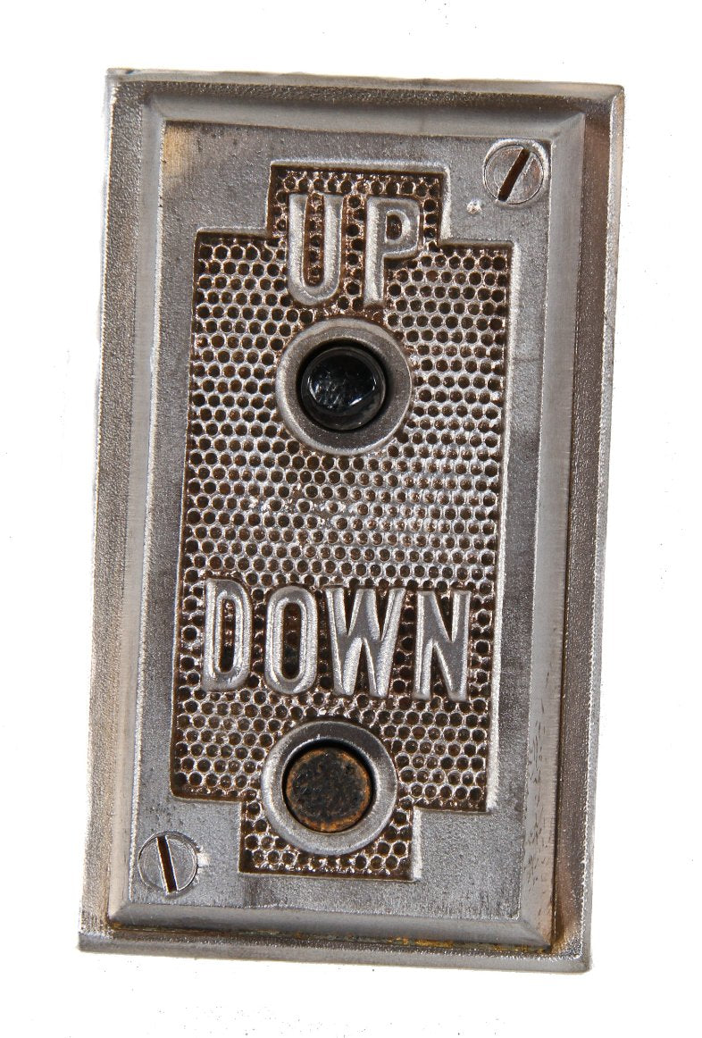 completely intact and refinished surface mount depression era american factory tower cast iron push button elevator cab call box with original spring-loaded buttons