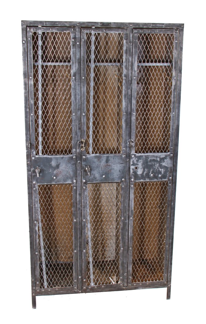 one of three matching original early 20th century american industrial "expanded" steel mesh freestanding cold-rolled sheet iron locker with a plurality of interior hooks