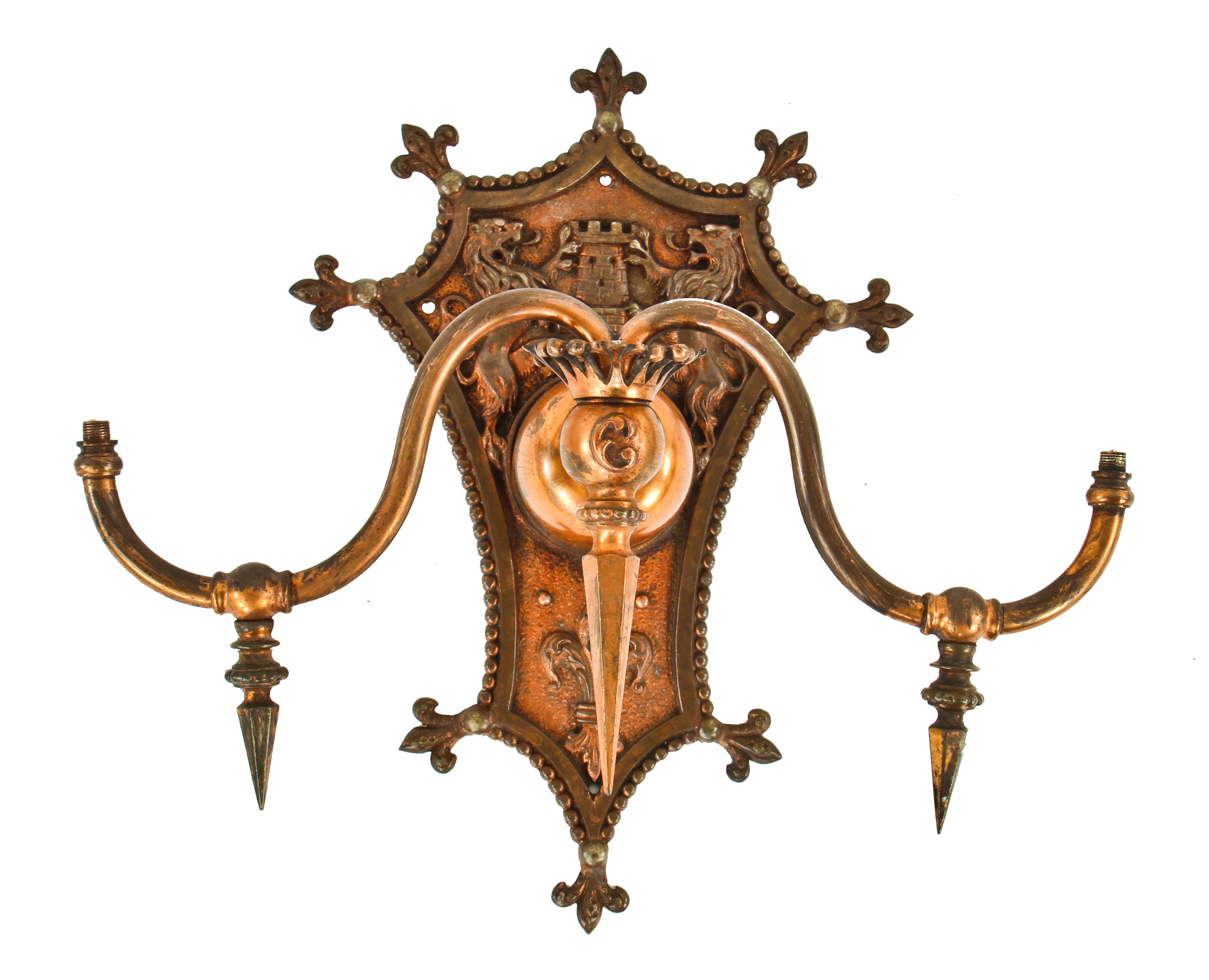 extremely rare all original eary 1890's copper-plated bronze double arm interior lobby columbus memorial building electrolier with original bergmann sockets