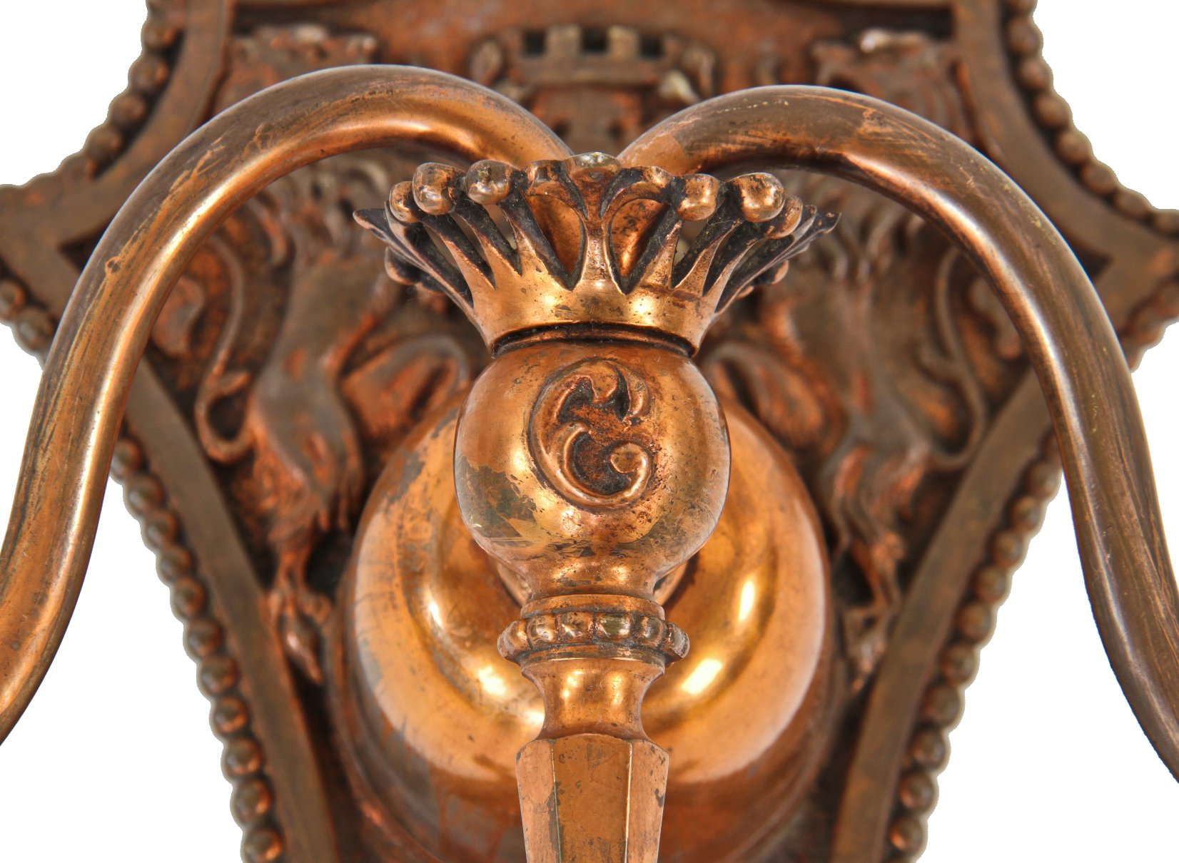 extremely rare all original eary 1890's copper-plated bronze double arm interior lobby columbus memorial building electrolier with original bergmann sockets