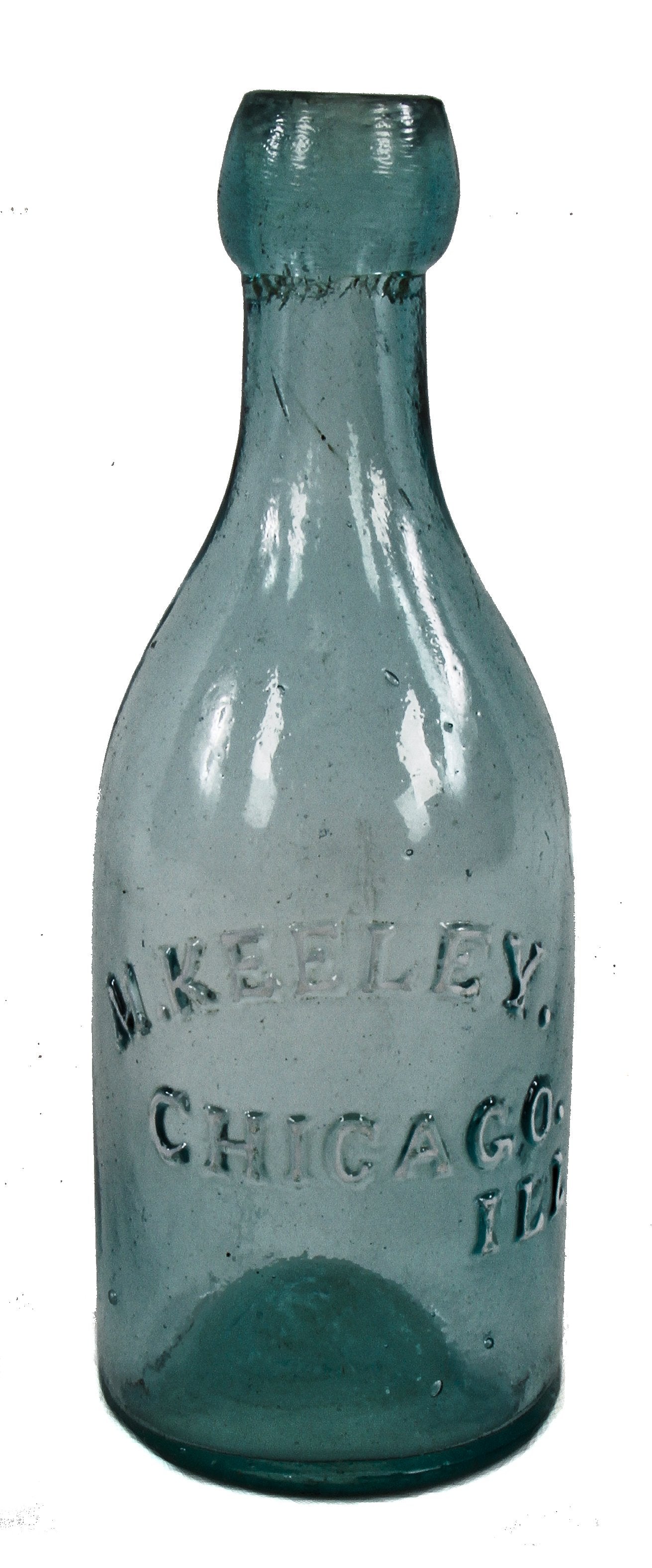 rare and intact late 1850's antique american iron pontiled light blue aqua soda or mineral water bottle manufactured for chicago bottler michael keeley