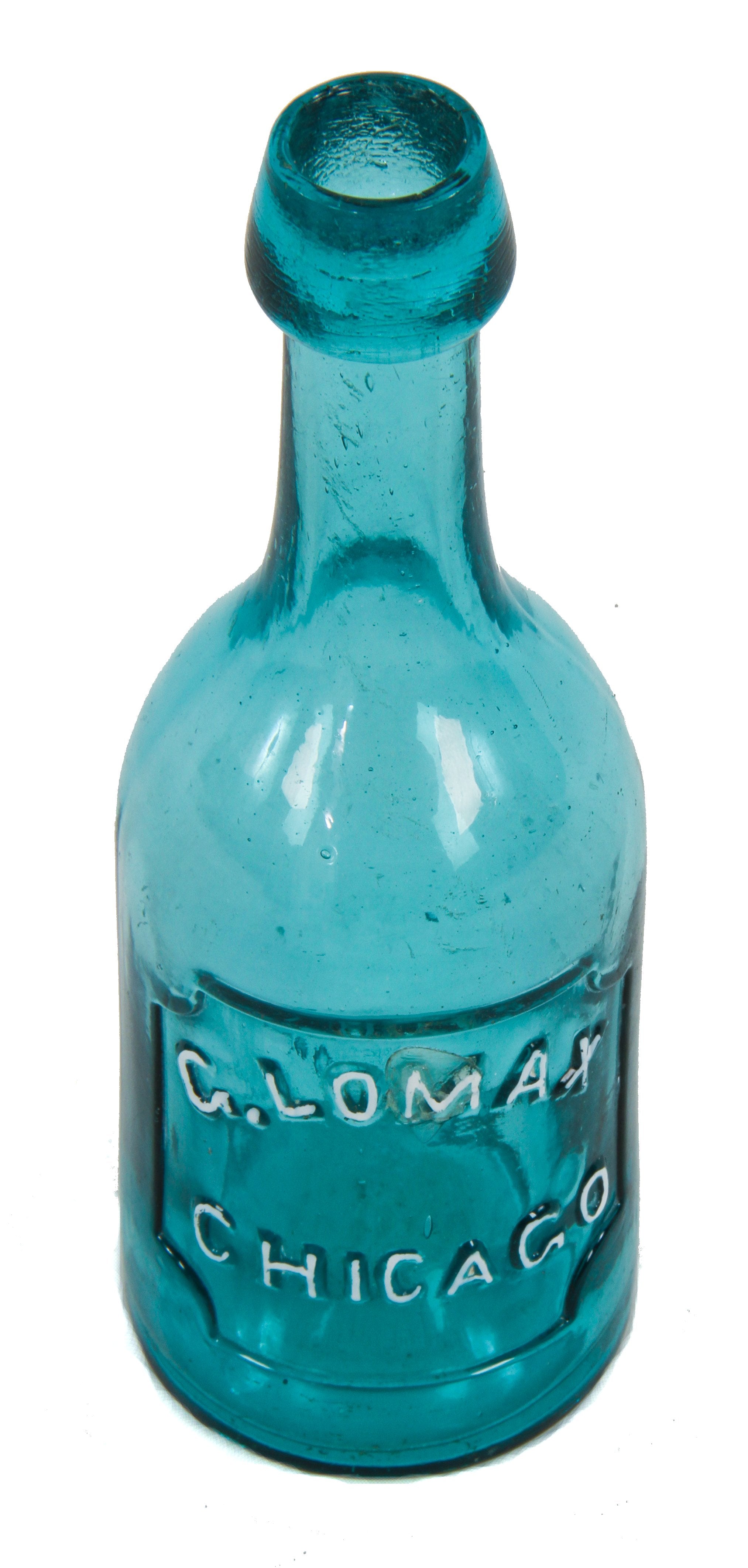hard to find mid-19th century iron-pontiled blue green glass george lomax soda or mineral water bottle with long and narrow neck and applied blob top